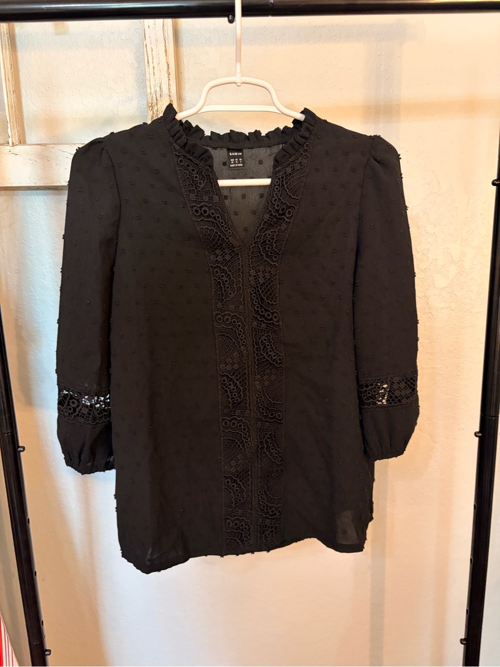 SHEIN Black V-Neck Eyelet Trim Peasant Blouse